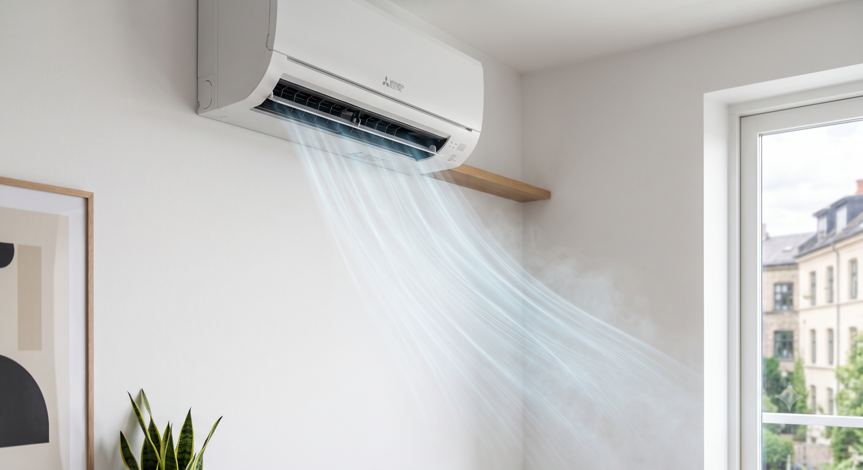 Mitsubishi split-unit airco blaast gekoelde lucht de woonkamer in