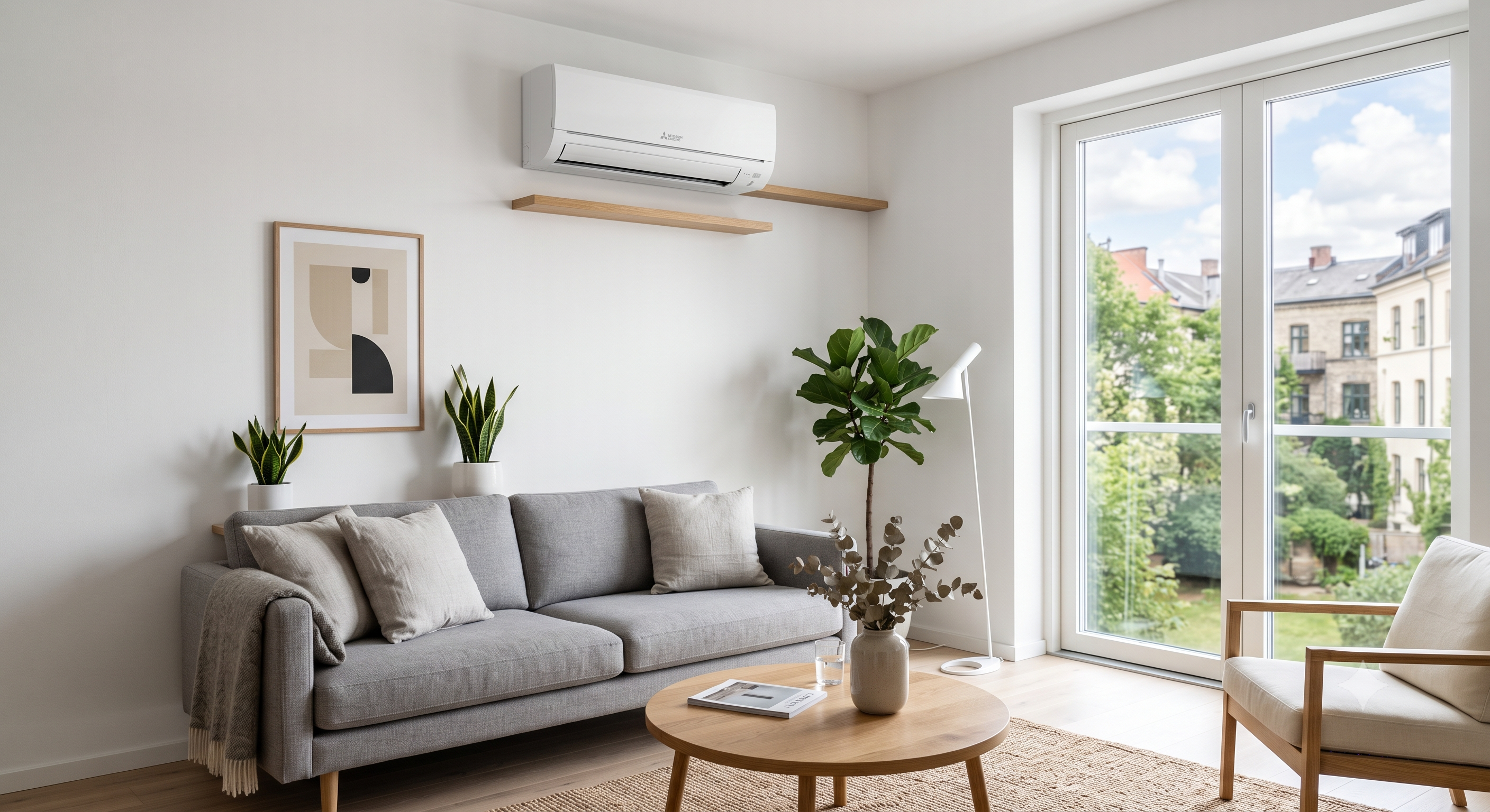Moderne lichte woonkamer met Mitsubishi split-unit airco aan de muur en uitzicht op een groene tuin