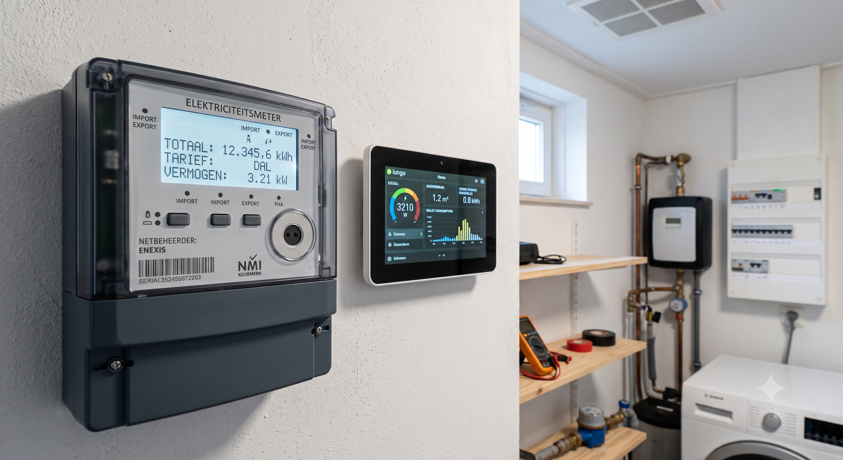 ENEXIS slimme elektriciteitsmeter aan de muur als symbool voor stroomverbruik van een airco