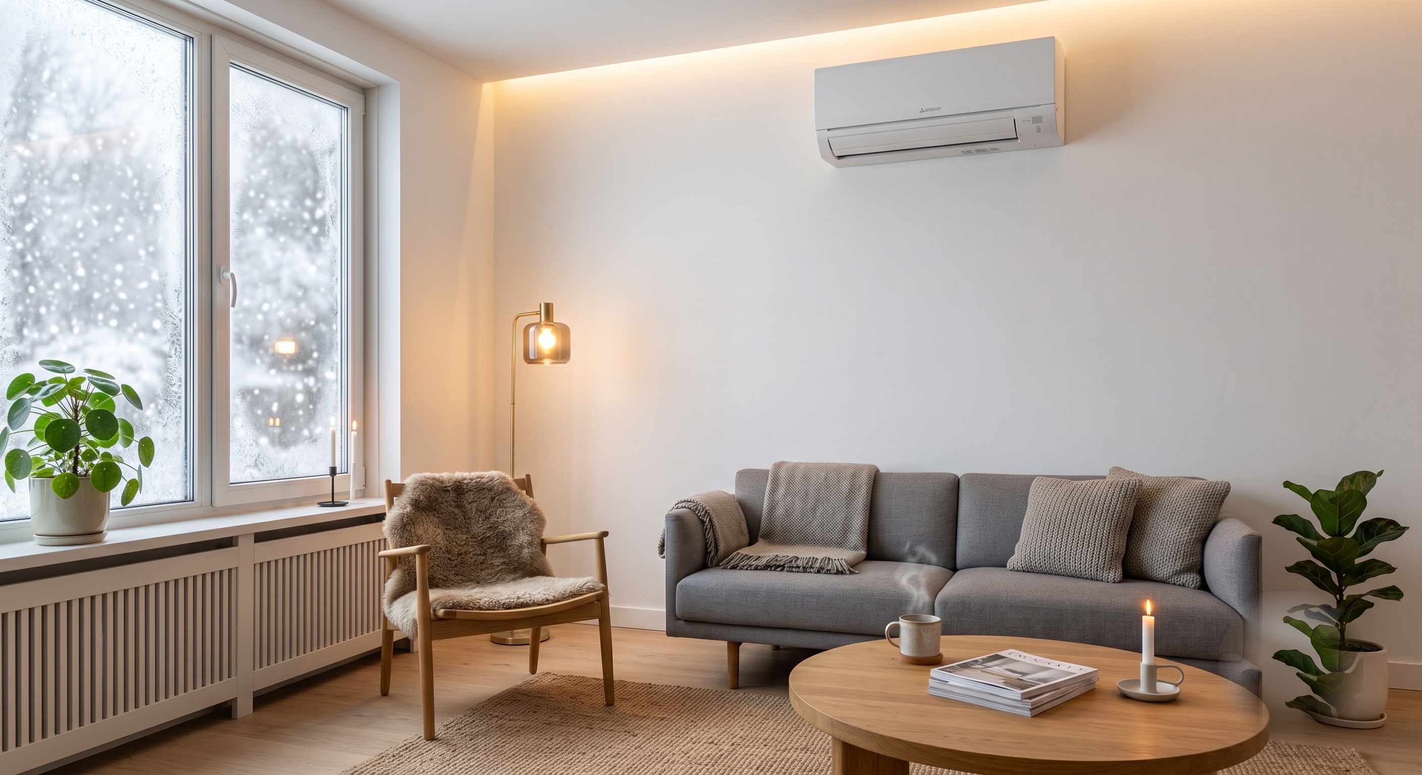 Gezellige woonkamer met wand-gemonteerde split-unit airco en een radiator zichtbaar op de achtergrond