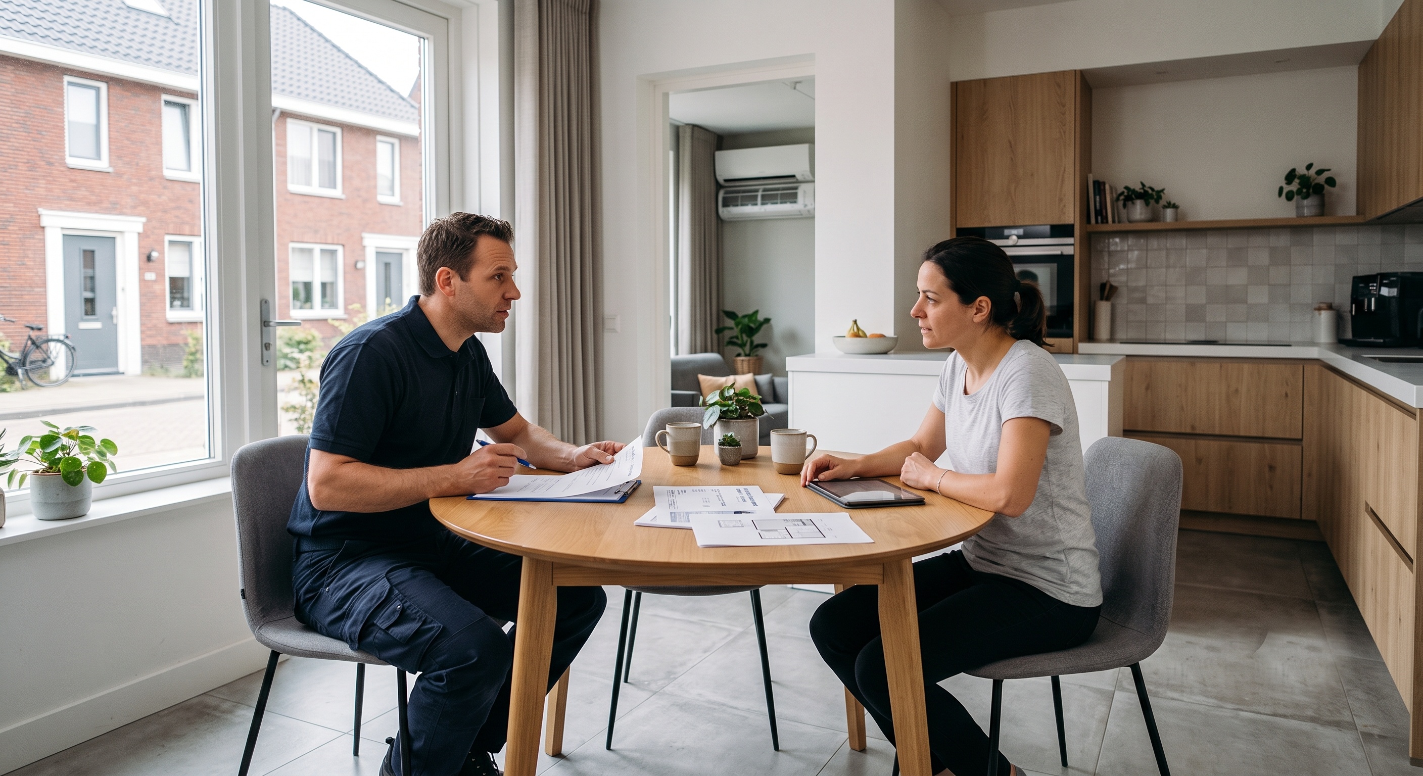 Airco-installateur bespreekt de offerte bij een huiseigenaar thuis in Tilburg